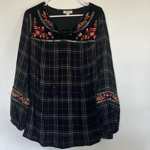 Style and Company Black Plaid Embroidered Boho Peasant Top